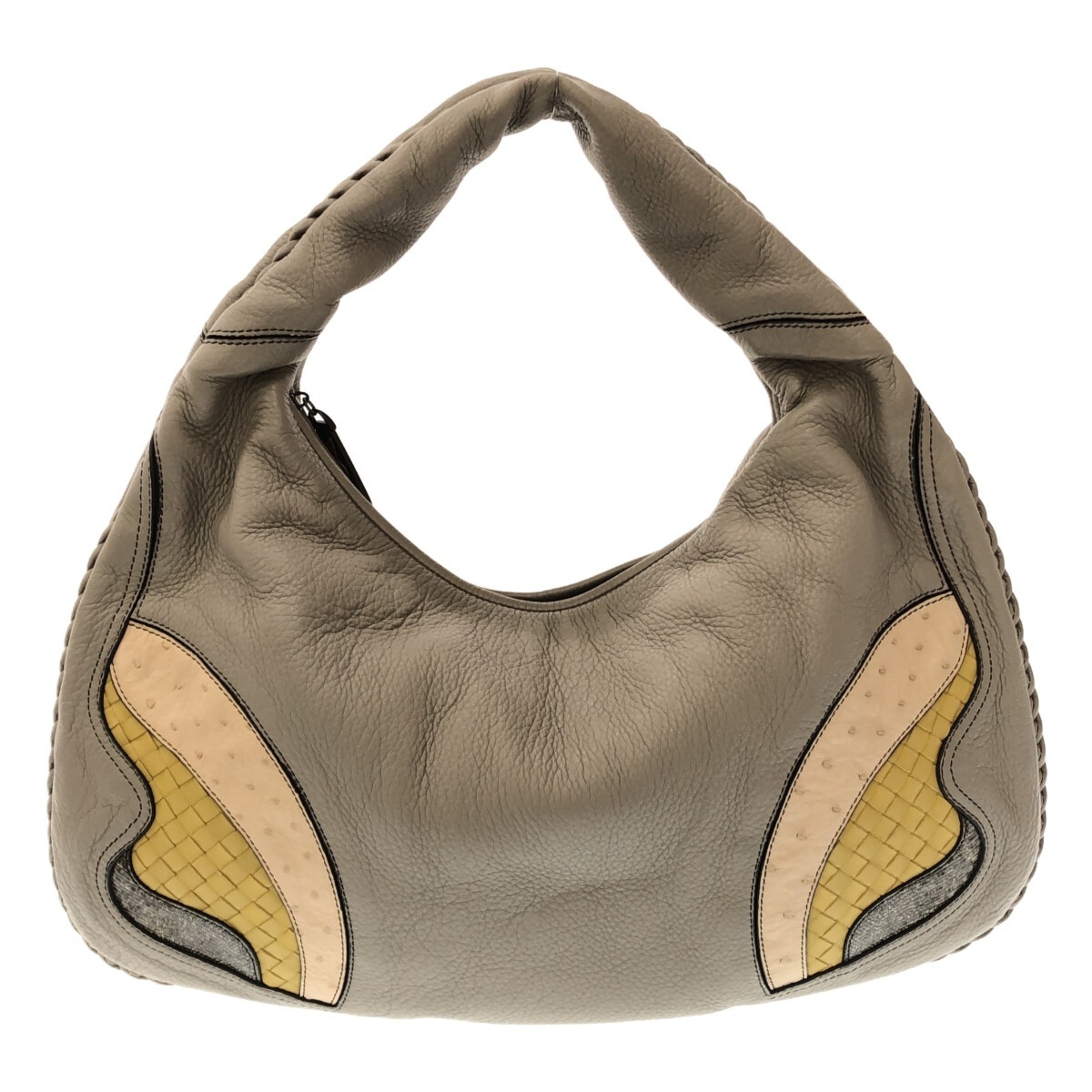 Bottega Veneta Large Veneta Shoulder Bag Leather Gray Beige